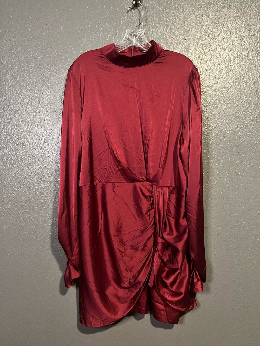 Boohoo Wine Red Satin Long-Sleeve Mini Dress
